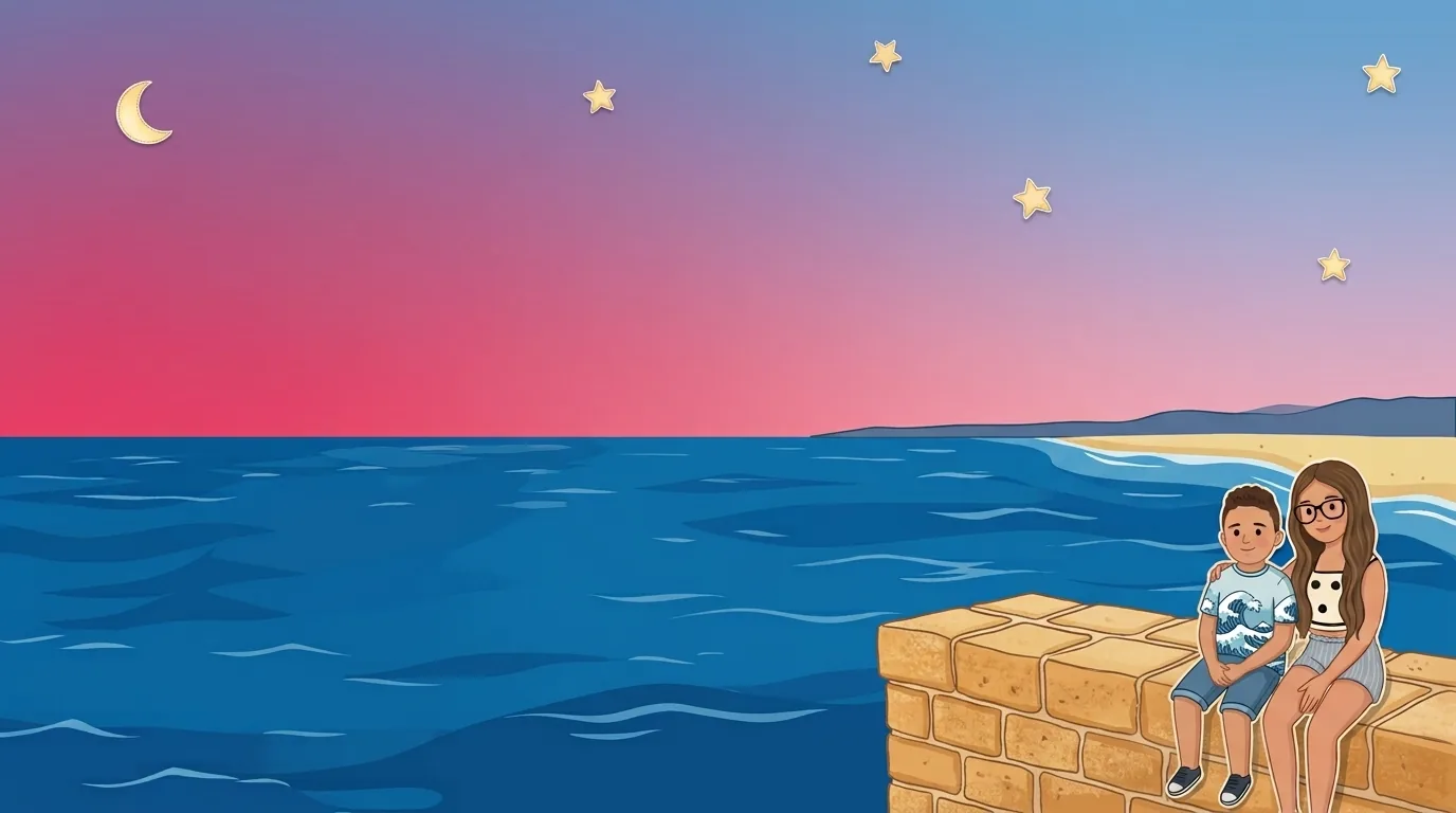 Two children sitting on a sandstone wall by the sea at sunset, from the game's main menu